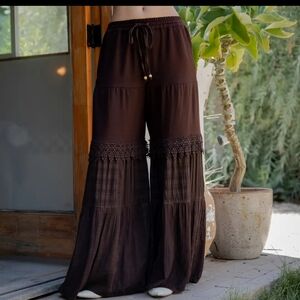 Yp1 Chocolate Truffle Elegant Brown Wide-Leg Pants